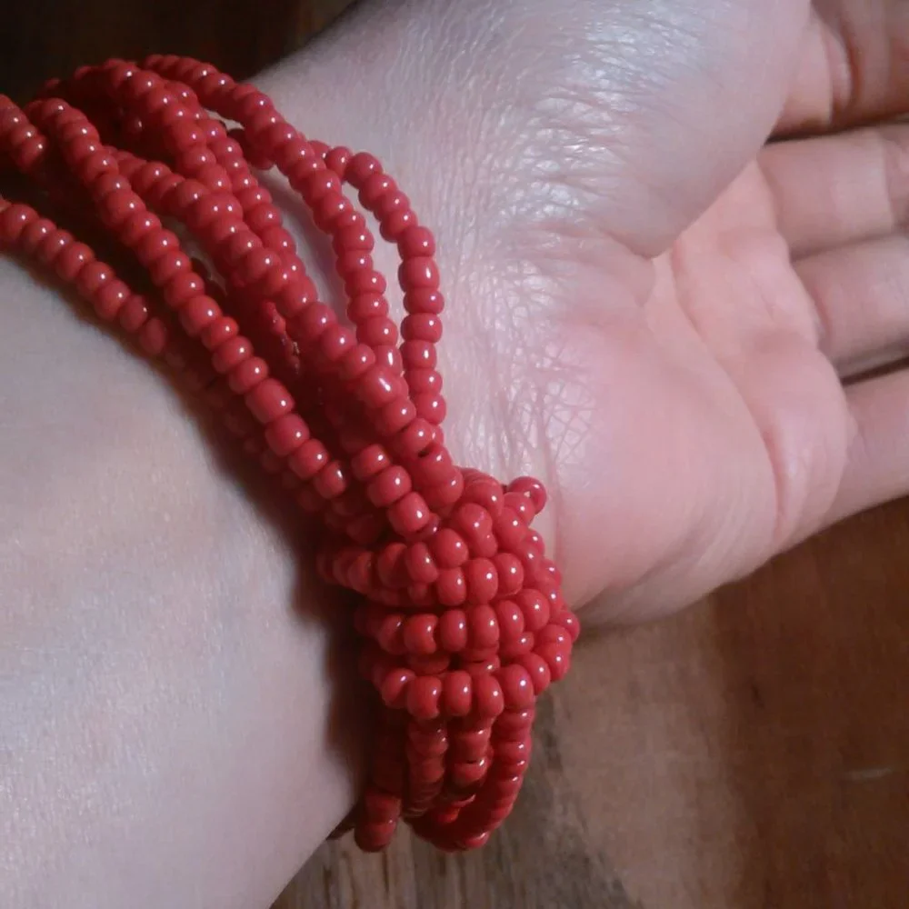 Red Seed Bead and Faux Pearl Multi-Strand Stretch Bracelet